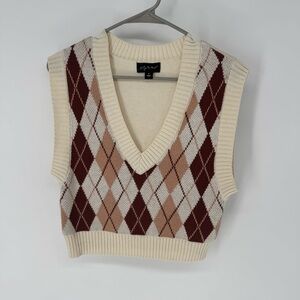 Say What? Cream and Brown Argyle layering V-Neck Sweater Vest